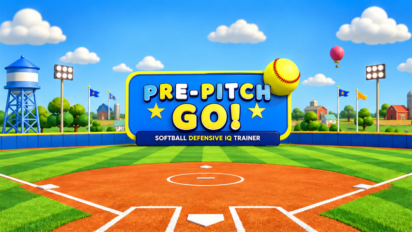 Pre-Pitch GO! title sign above a bright softball diamond