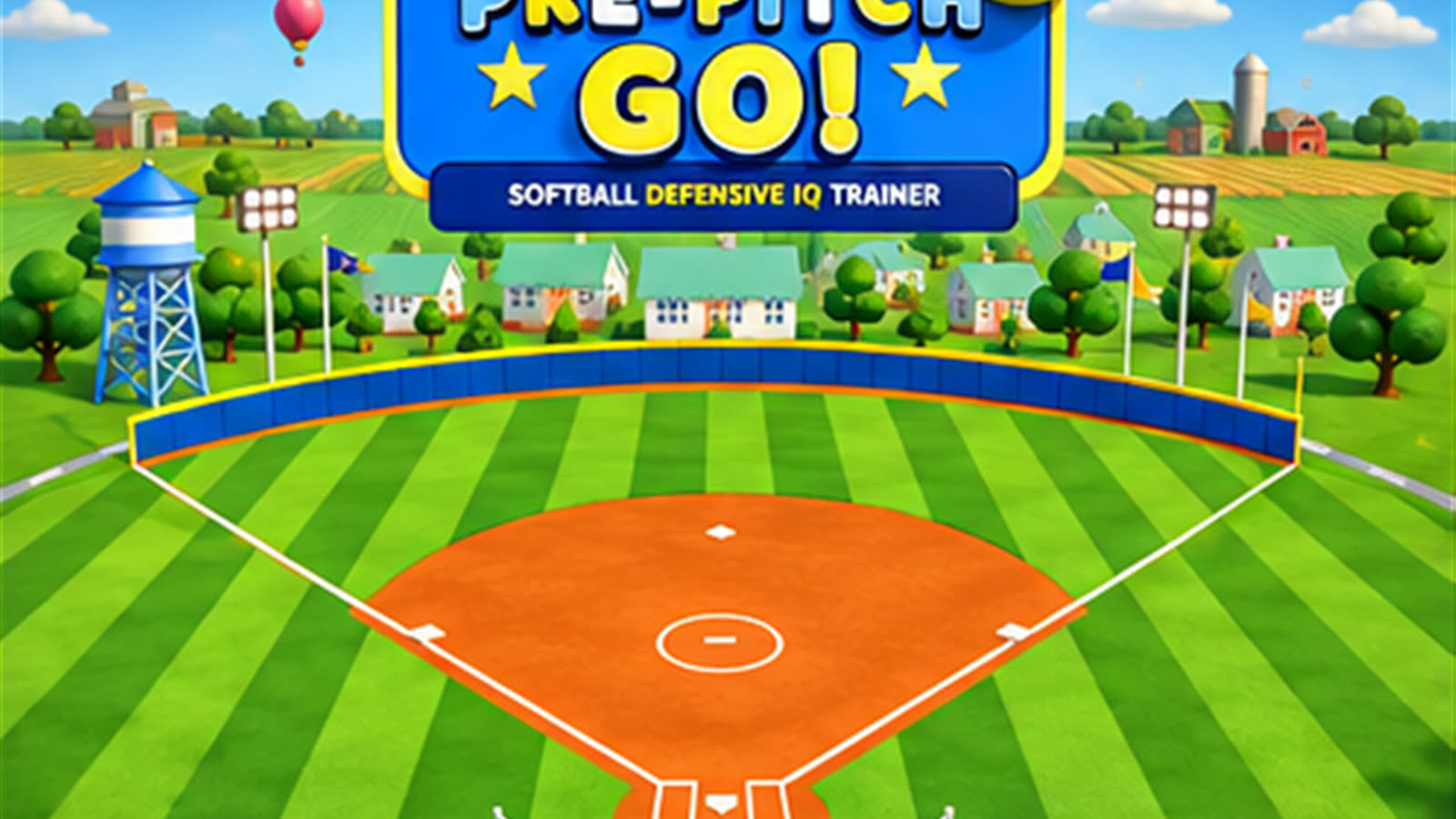 Overhead view of a softball diamond with the Pre-Pitch GO! sign beyond the outfield fence